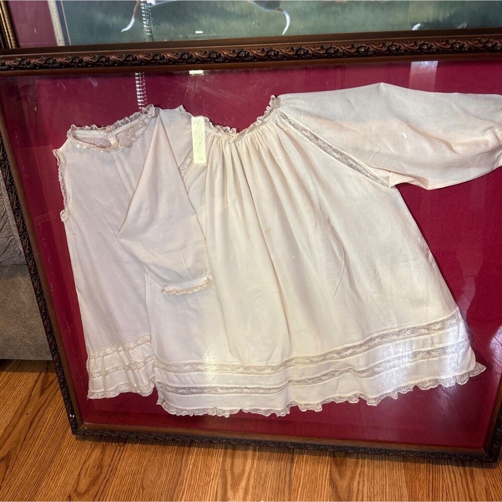 Artisan Antique Framed Baby Christening Gown Set With in a Shadow box